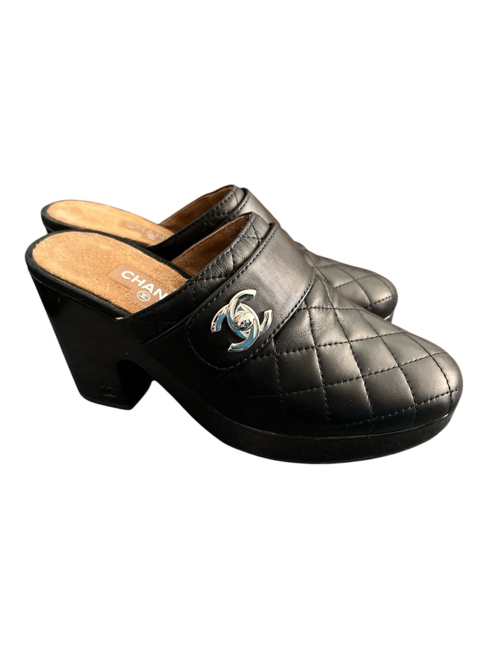 CHANEL Black Quilted Leather Clog Heels with Silver CC size 40